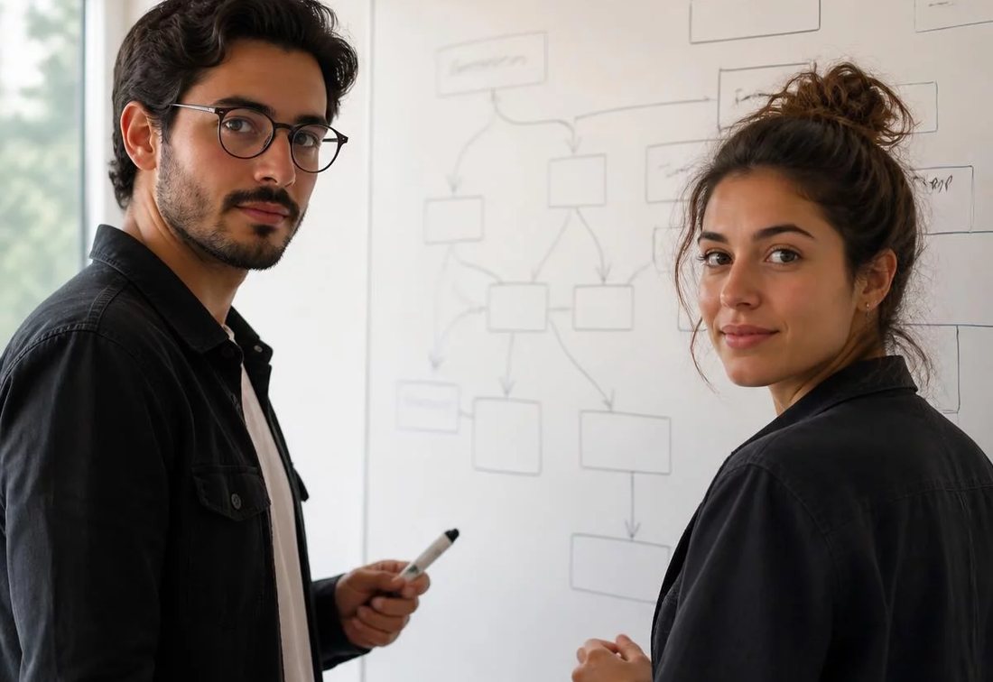 Dupla desenhando no quadro branco a estrutura de uma tese