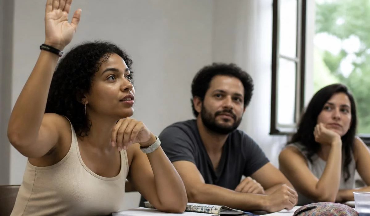 Duas pessoas preparando a próxima rodada com caderno e marca-texto na mão